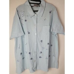 Adrian Delafield Shirt XL Embroidered Flower Button Down‎ One Pocket Blue NEW
